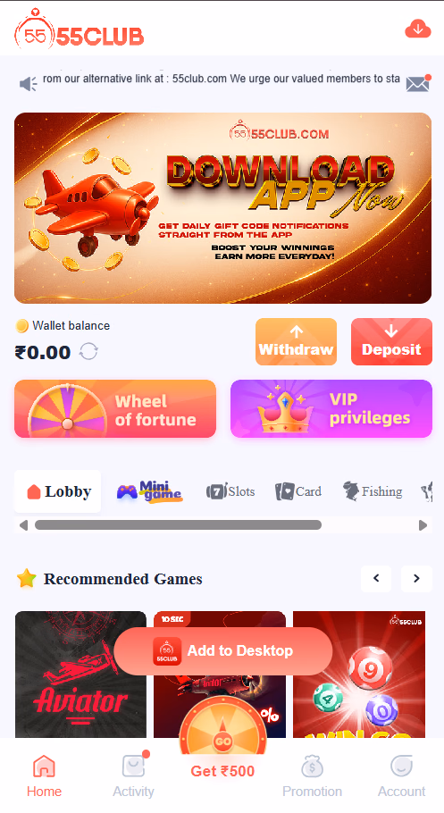 55 Club Home Dashboard - Recommended Games, Aviator, Win Go, Mini Game, Slots, and VIP Privileges