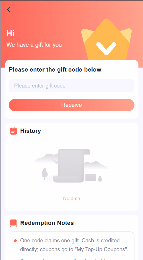 55 Club Gift Code Redemption Screen