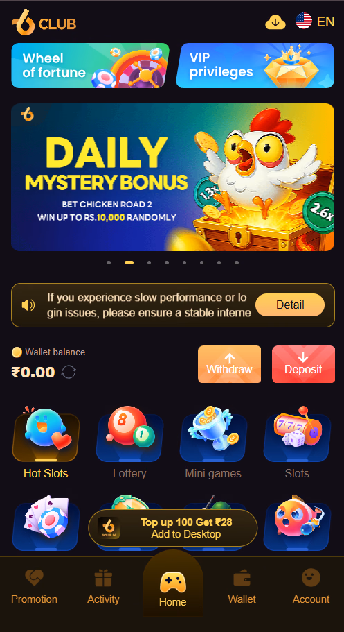 6 Club Home Dashboard - Daily Mystery Bonus, Wheel of Fortune, VIP Privileges, Hot Slots and Lottery Games