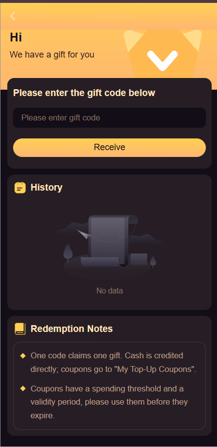 6 Club Gift Code Redemption Screen