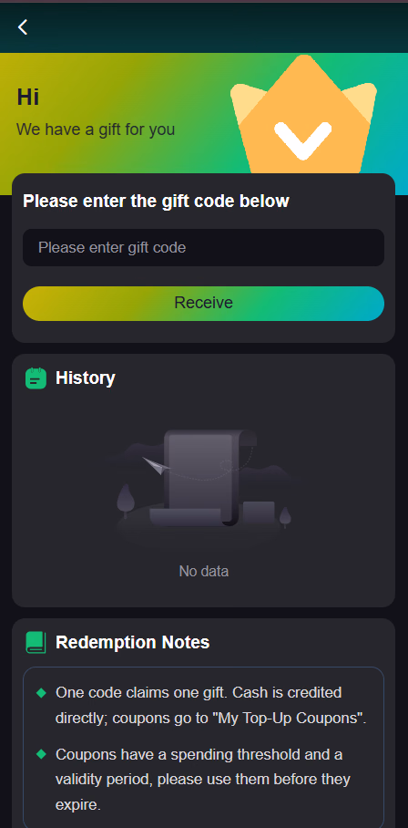 91 Club Gift Code Redemption Screen