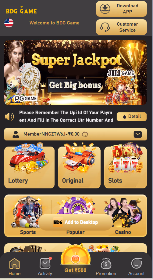 Welcome to BDG Game - Home Dashboard, Super Jackpot, Lottery, Slots, and Sports