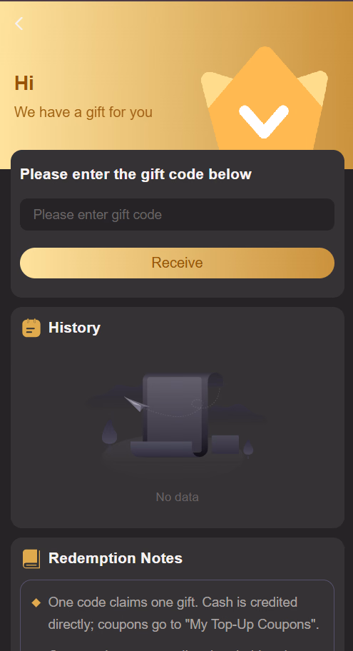 BDG Game Gift Code Redemption Screen