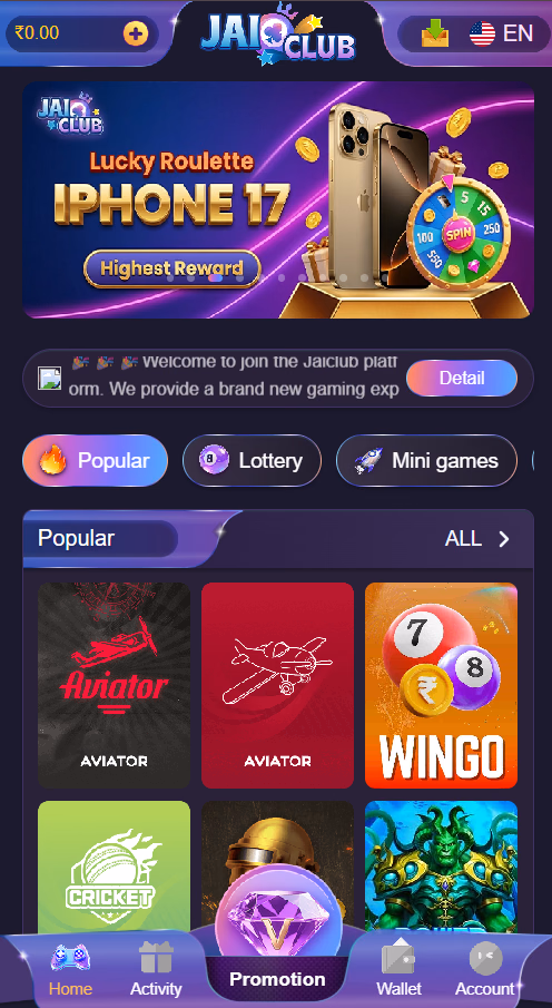 Jai Club Home Dashboard - Lucky Roulette iPhone 17, Aviator, WinGo, and Cricket Games